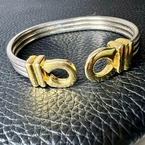 Vintage Stainless Steel & Gold Tone 3 Tier Cuff Bangle Bracelet 7"